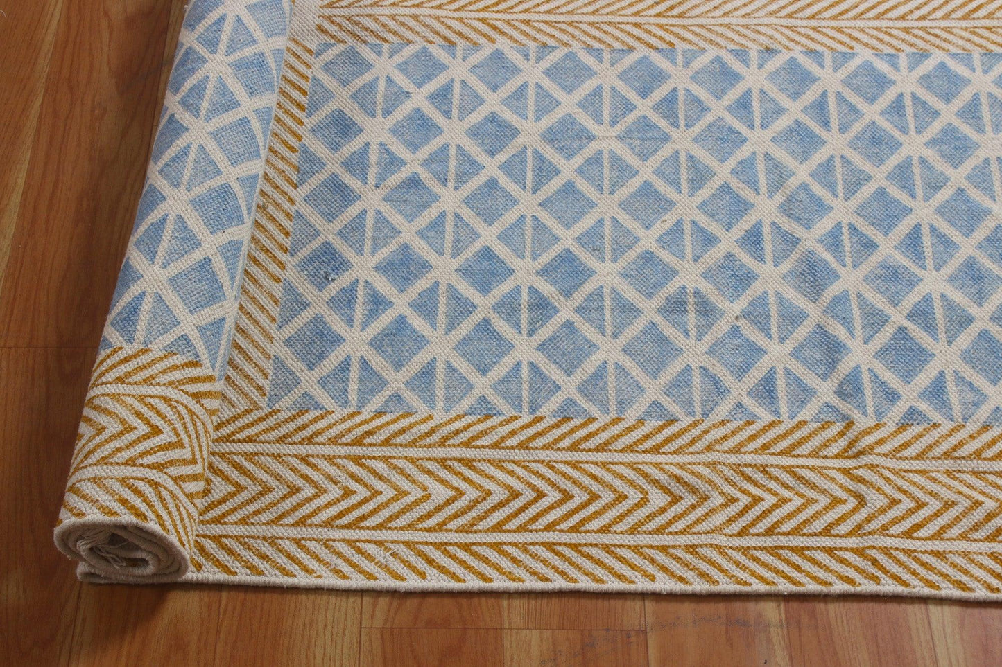 Bordered Hand Block Print Brown Blue Classic Entrance Decor Cotton Rug