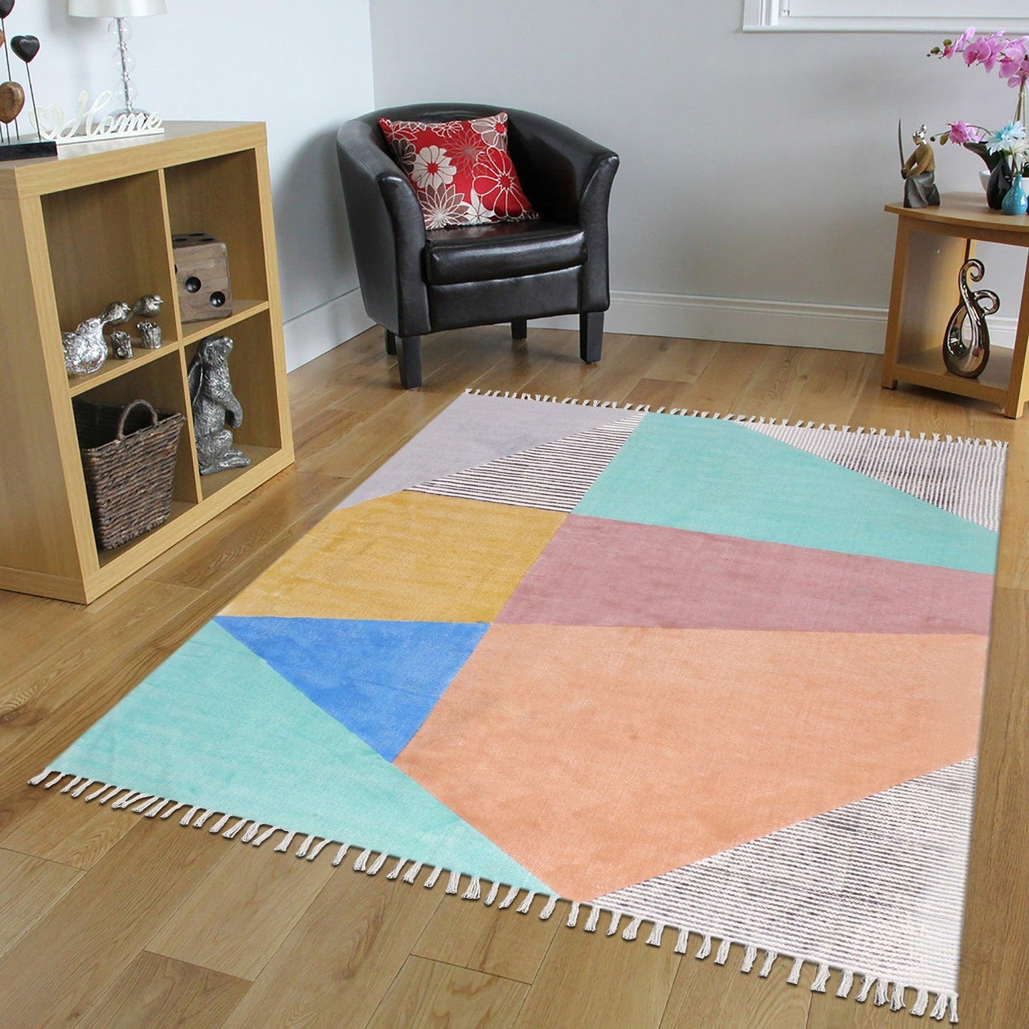 Geometric Hand Block Print Multiicolor Stylish Entrance Decor Cotton Rug