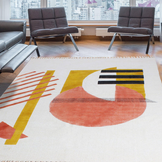 Tappeto di cotone per ingresso elegante con stampa geometrica a blocchi a mano, bianco e arancione Tappeto di cotone per ingresso elegante con stampa geometrica a blocchi a mano, bianco e arancione