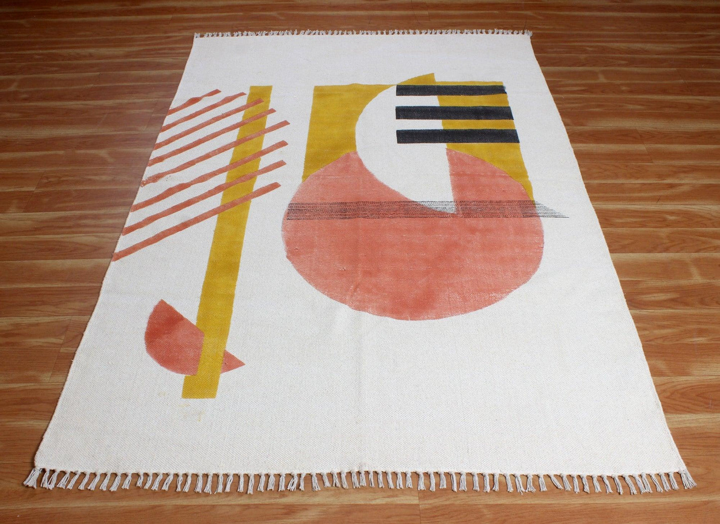 Geometric Hand Block Print White Orange Stylish Entrance Decor Cotton Rug