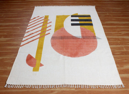 Geometric Hand Block Print White Orange Stylish Entrance Decor Cotton Rug