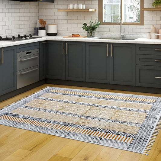 Tappeto di cotone per ingresso elegante con stampa a blocchi geometrici a mano, marrone e nero Tappeto di cotone per ingresso elegante con stampa a blocchi geometrici a mano, marrone e nero