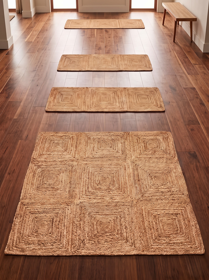 Natural Jute Stair Treads, Handwoven Geometric Square Tile Pattern, Farmhouse Boho Mats