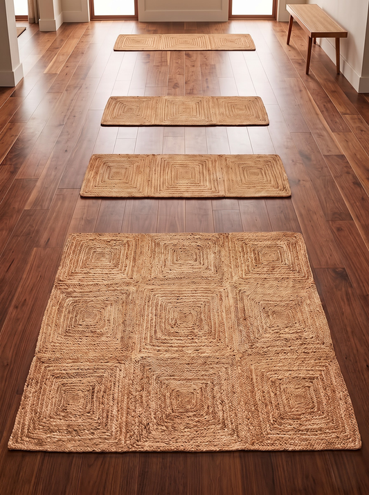 Natural Jute Stair Treads, Handwoven Geometric Square Tile Pattern, Farmhouse Boho Mats