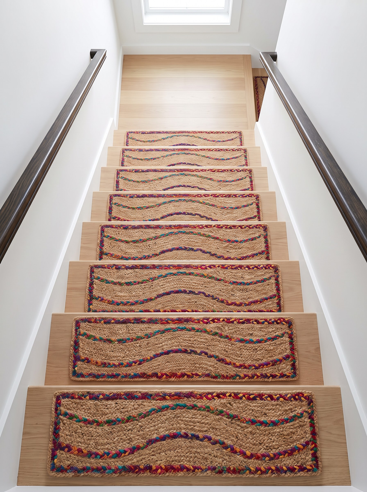 Braided Handmade Stair Treads, Multicolor Squiggle Pattern, Boho Staircase Mats (Set)