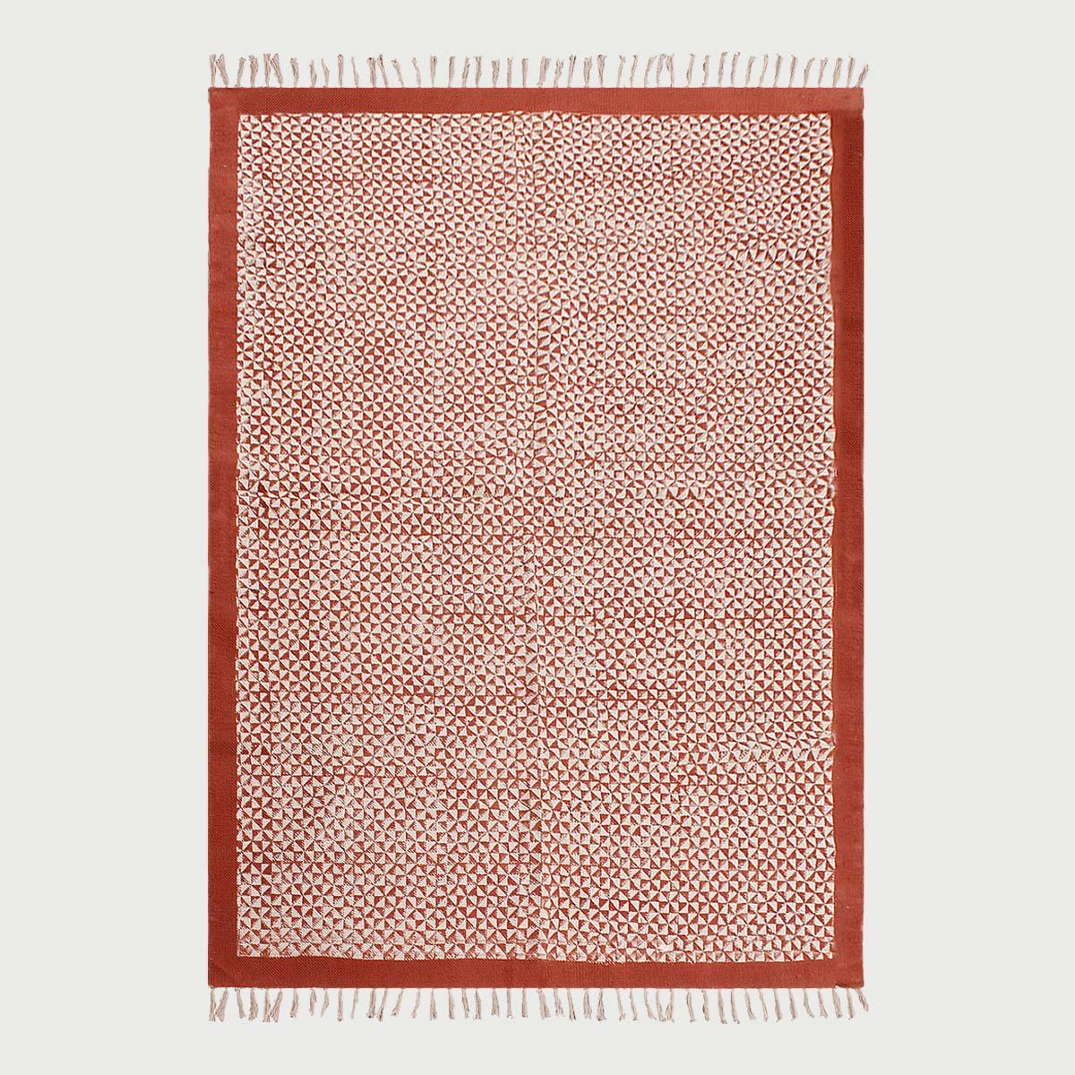 Bordered Hand block Print Work Red Beige Cotton Rug - Indian Rug Store