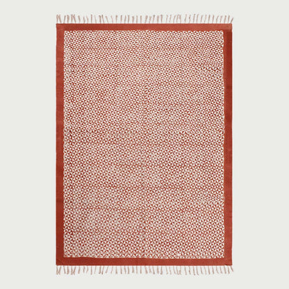 Bordered Hand block Print Work Red Beige Cotton Rug - Indian Rug Store