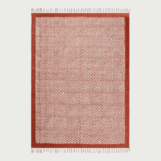 Bordered Hand block Print Work Red Beige Cotton Rug - Indian Rug Store