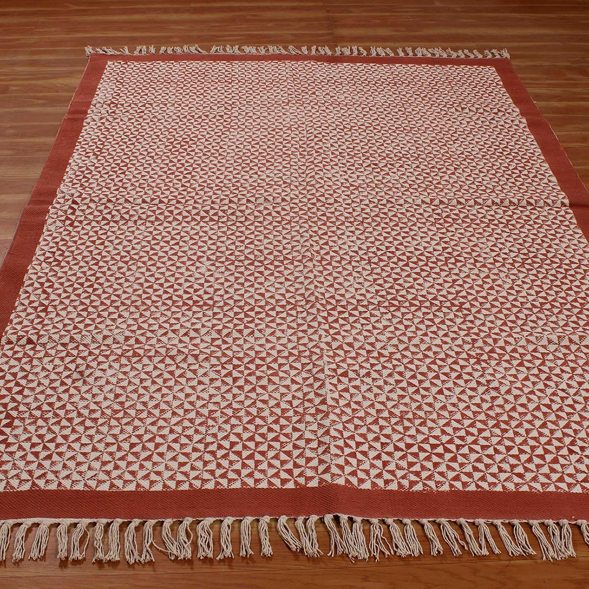 Bordered Hand block Print Work Red Beige Cotton Rug - Indian Rug Store