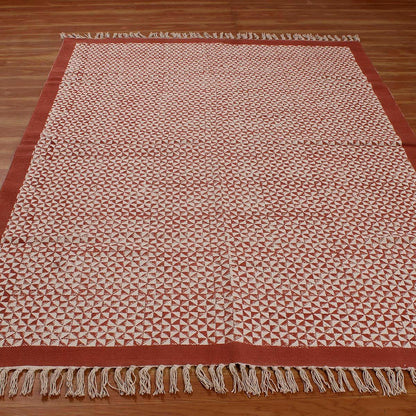 Bordered Hand block Print Work Red Beige Cotton Rug - Indian Rug Store