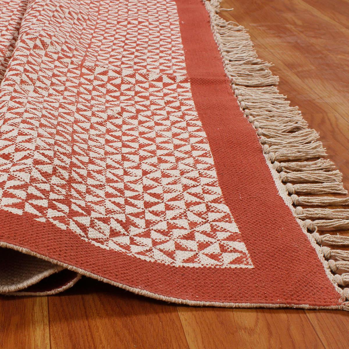 Bordered Hand block Print Work Red Beige Cotton Rug - Indian Rug Store