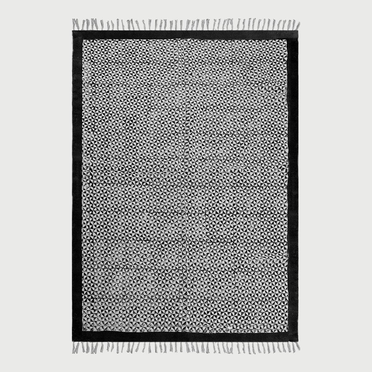 Bordered Hand block Print Work Black Beige Cotton Rug - Indian Rug Store