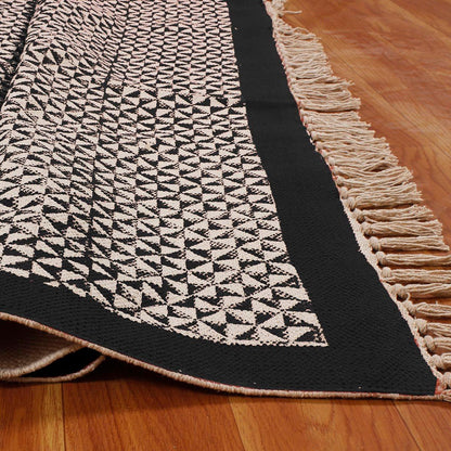 Bordered Hand block Print Work Black Beige Cotton Rug - Indian Rug Store