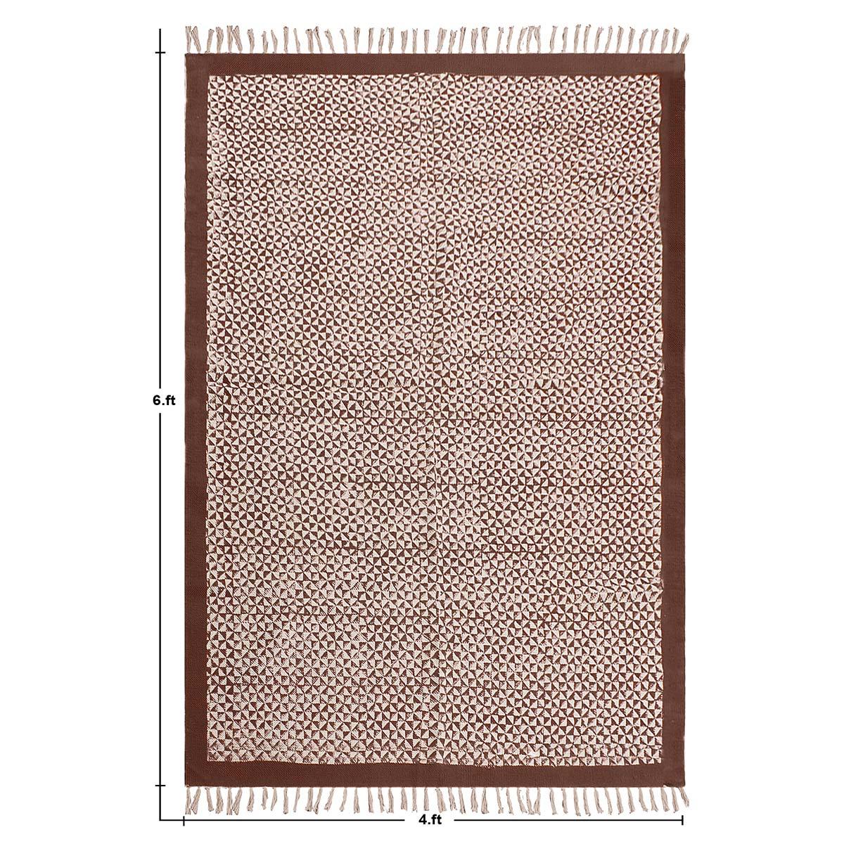 Bordered Hand block Print Work Brown Beige Cotton Rug - Indian Rug Store