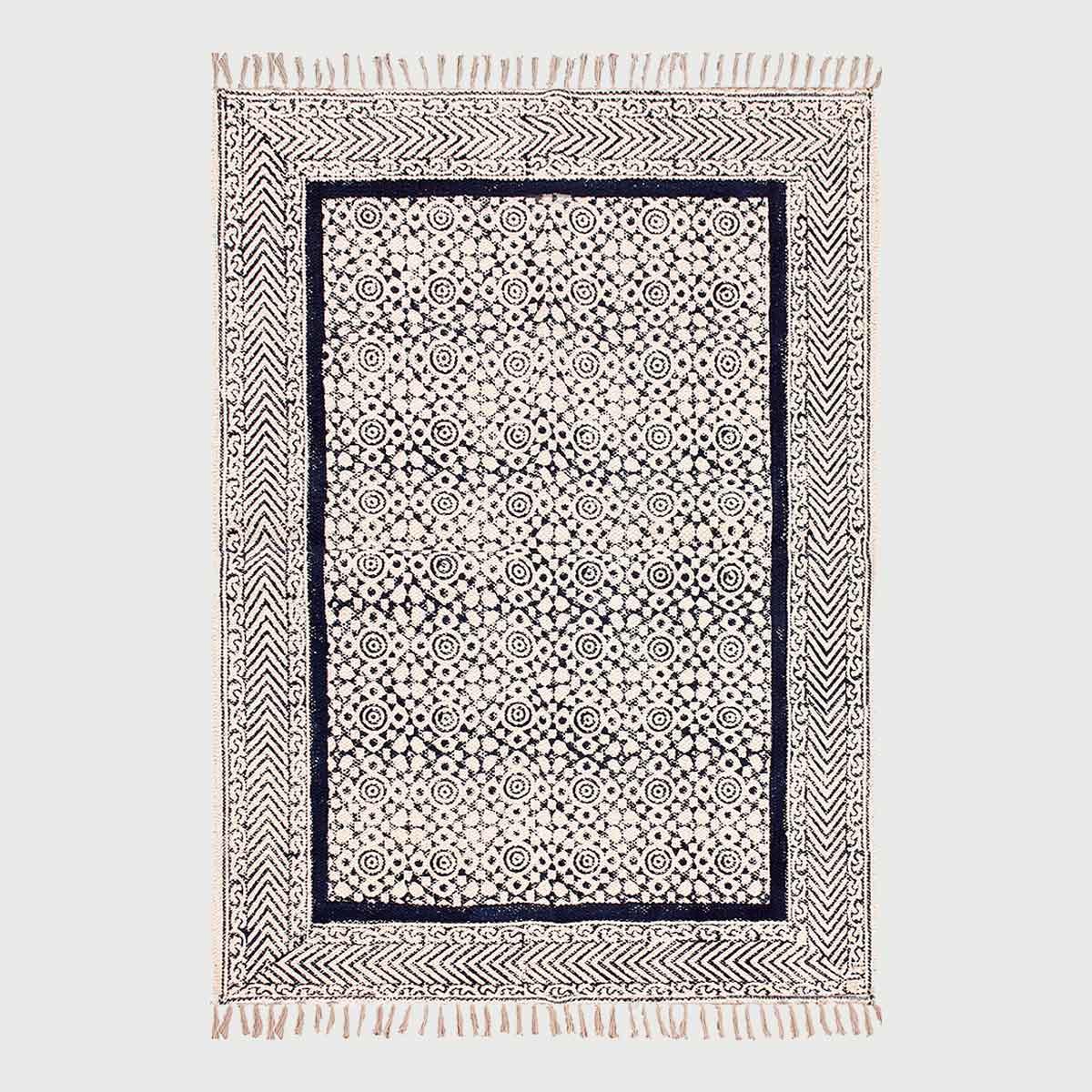 Hand block Print Work Bordered Blue Beige Cotton Rug - Indian Rug Store