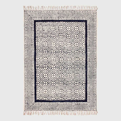 Hand block Print Work Bordered Blue Beige Cotton Rug - Indian Rug Store