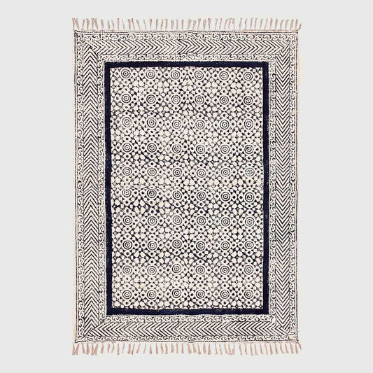 Hand block Print Work Bordered Blue Beige Cotton Rug - Indian Rug Store