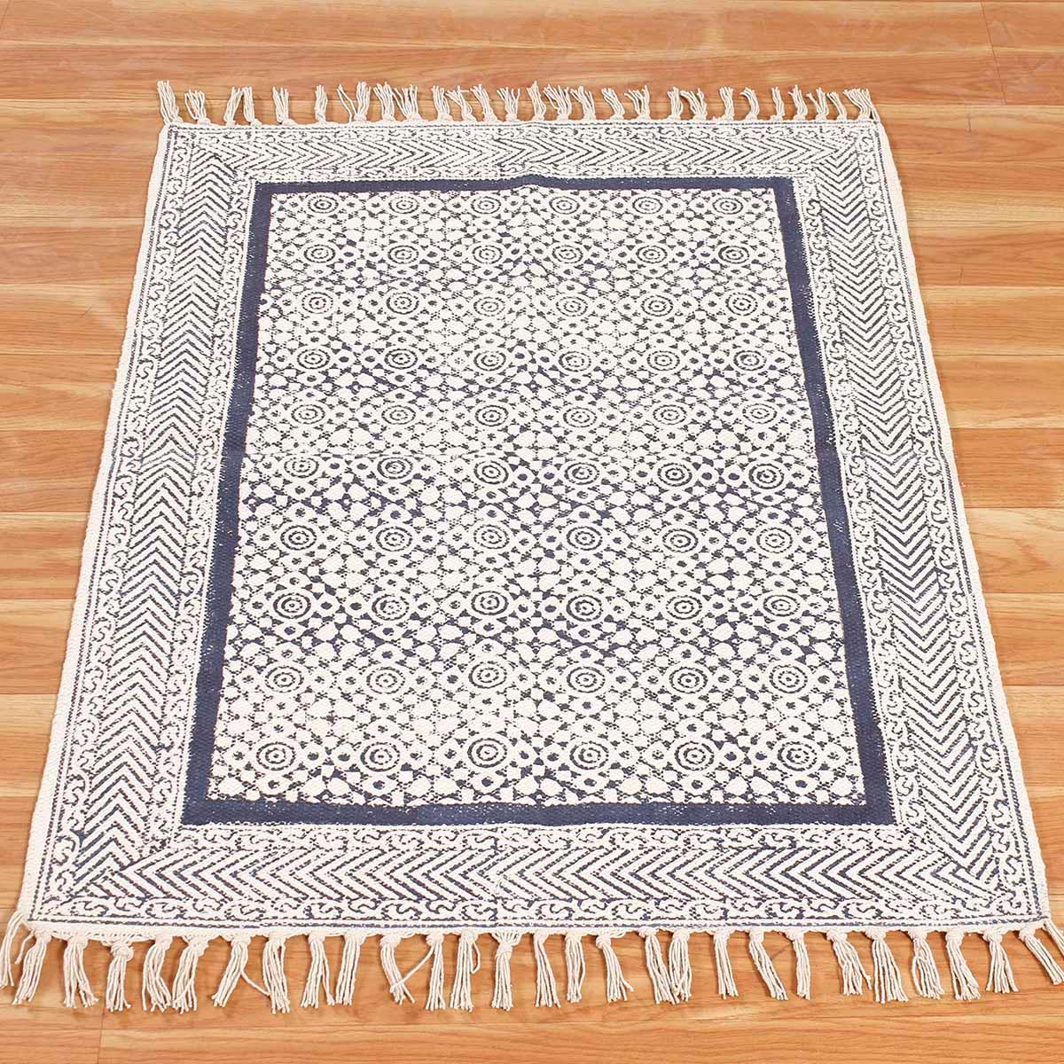 Hand block Print Work Bordered Blue Beige Cotton Rug - Indian Rug Store