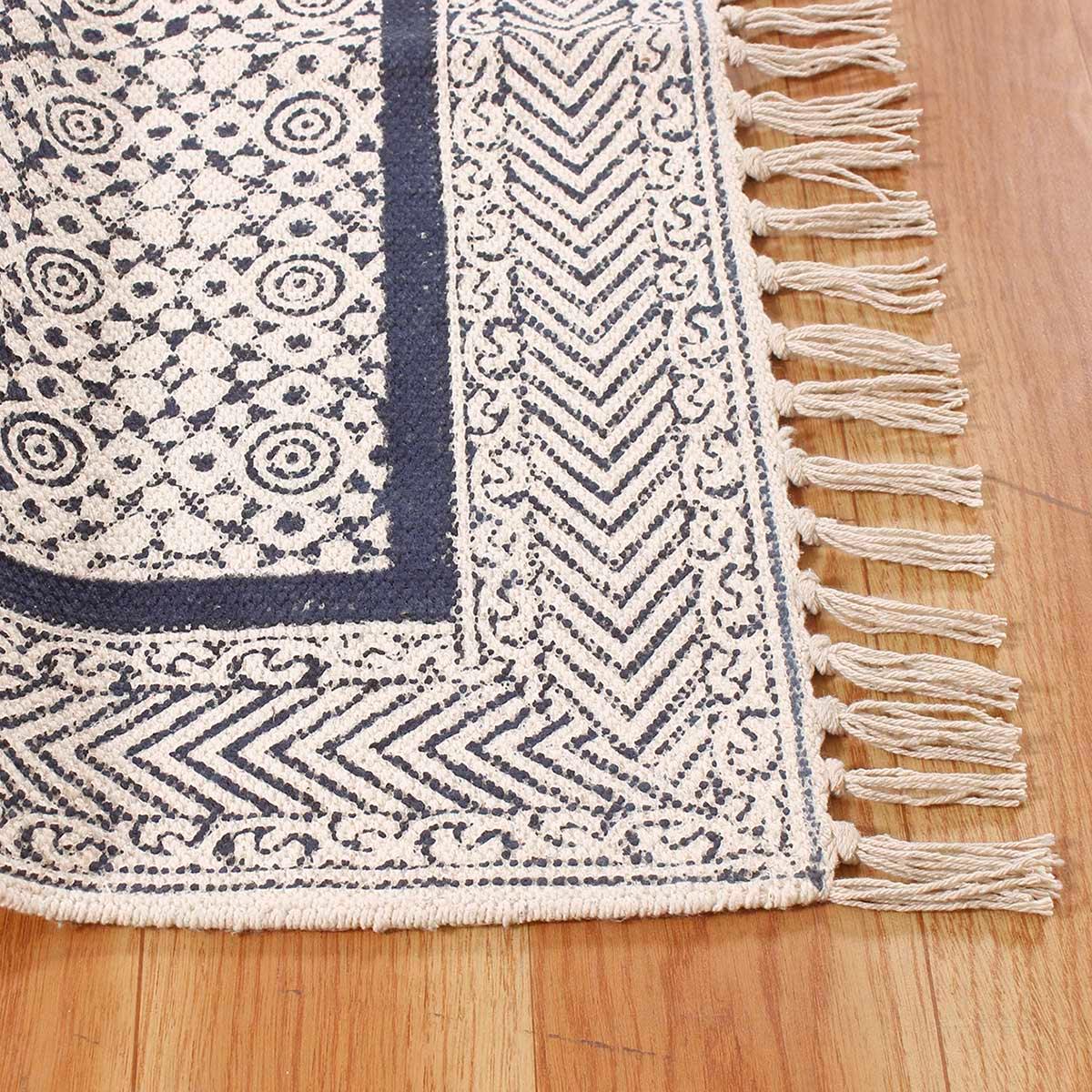 Hand block Print Work Bordered Blue Beige Cotton Rug - Indian Rug Store