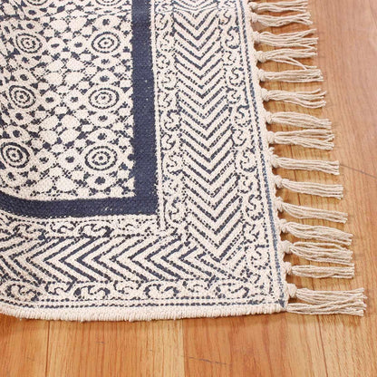 Hand block Print Work Bordered Blue Beige Cotton Rug - Indian Rug Store