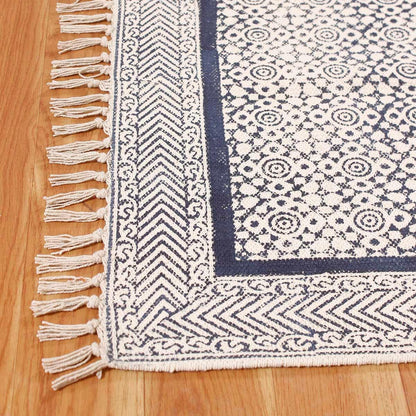 Hand block Print Work Bordered Blue Beige Cotton Rug - Indian Rug Store