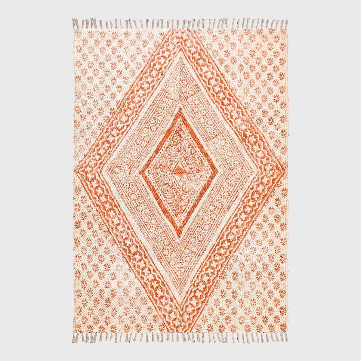 Hand block Print Work Bordered Beige Orange Cotton Rug - Indian Rug Store