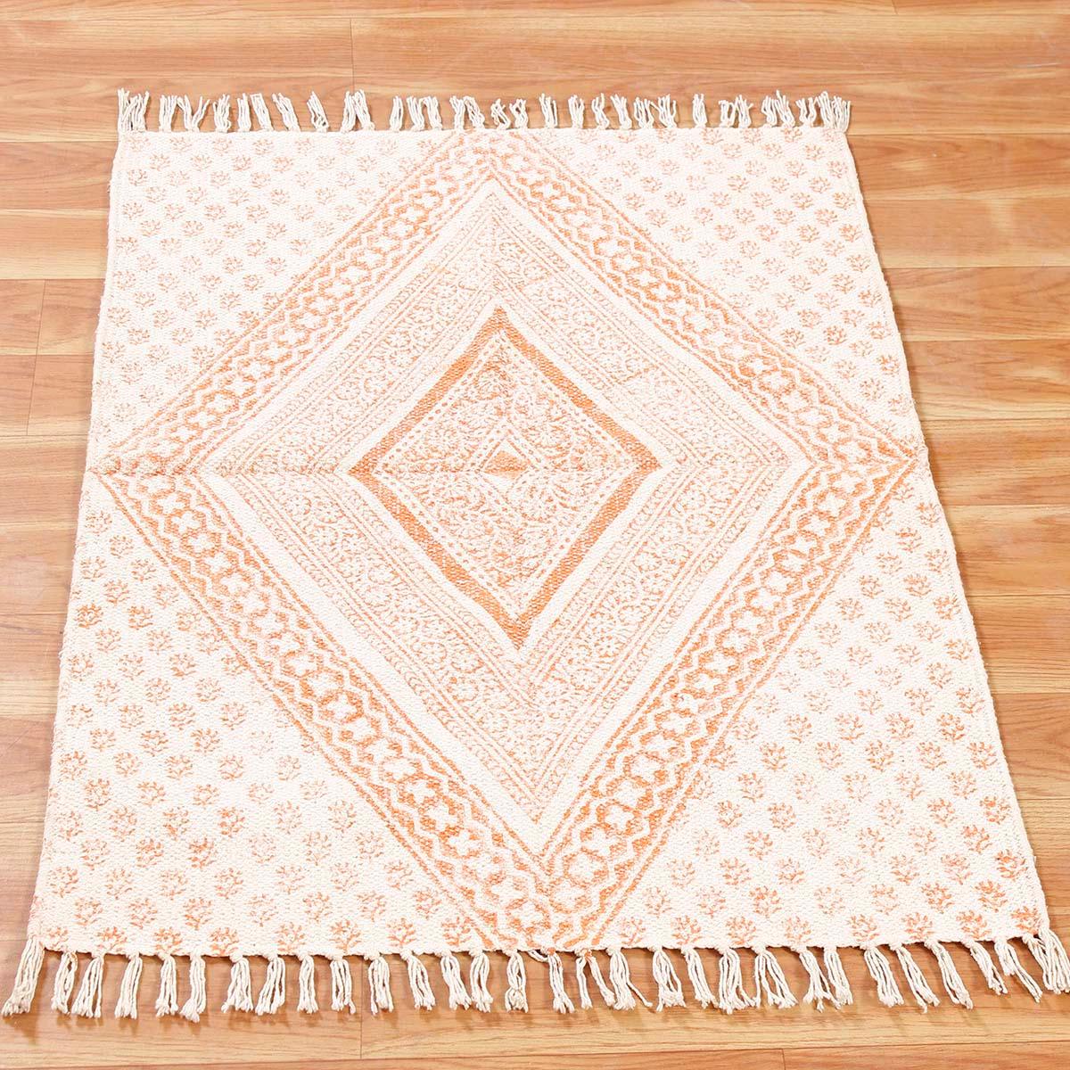 Hand block Print Work Bordered Beige Orange Cotton Rug - Indian Rug Store