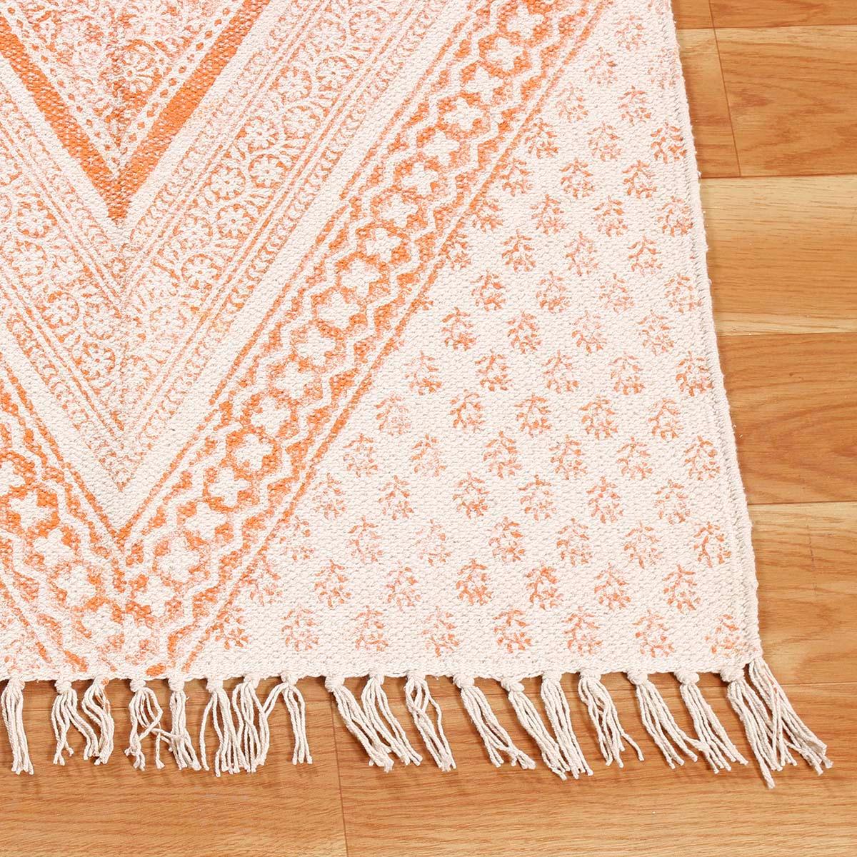 Hand block Print Work Bordered Beige Orange Cotton Rug - Indian Rug Store