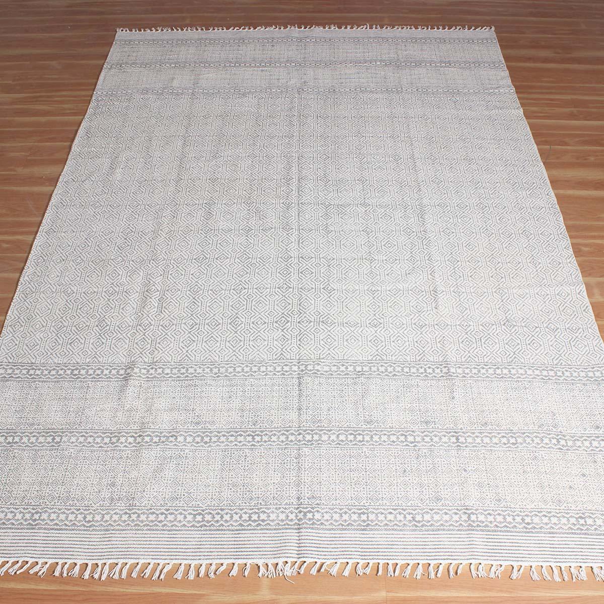 Hand block Print Work Bordered Beige Gray Cotton Rug - Indian Rug Store