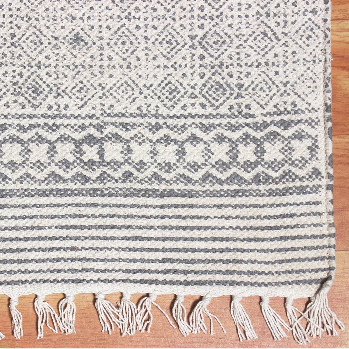 Hand block Print Work Bordered Beige Gray Cotton Rug - Indian Rug Store