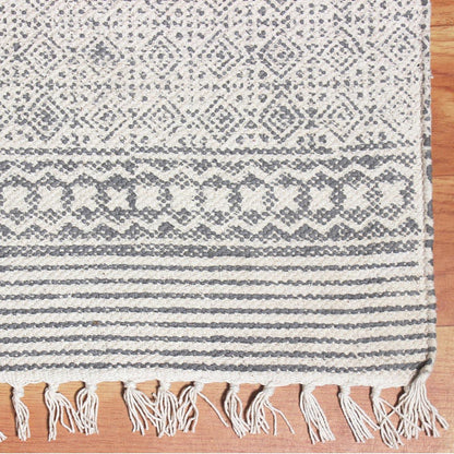 Hand block Print Work Bordered Beige Gray Cotton Rug - Indian Rug Store