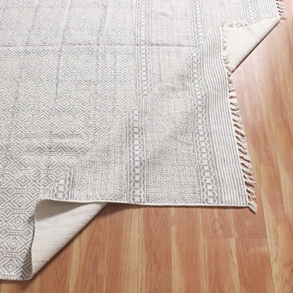 Hand block Print Work Bordered Beige Gray Cotton Rug - Indian Rug Store