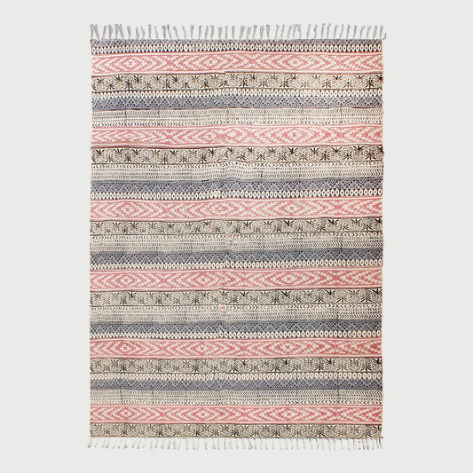 Hand block Print Work Bordered Blue Pink Cotton Rug - Indian Rug Store