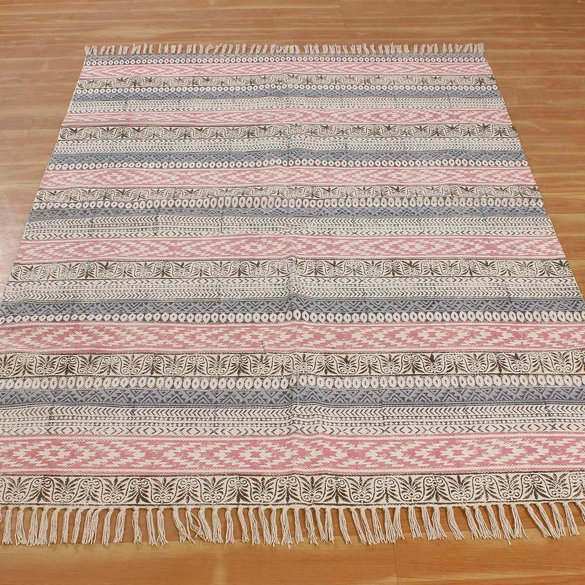 Hand block Print Work Bordered Blue Pink Cotton Rug - Indian Rug Store