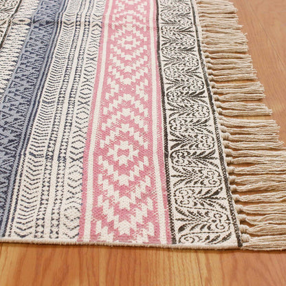 Hand block Print Work Bordered Blue Pink Cotton Rug - Indian Rug Store