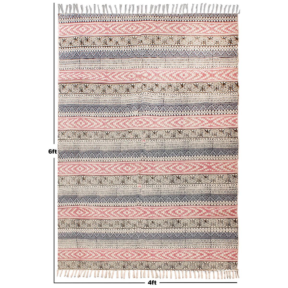 Hand block Print Work Bordered Blue Pink Cotton Rug - Indian Rug Store