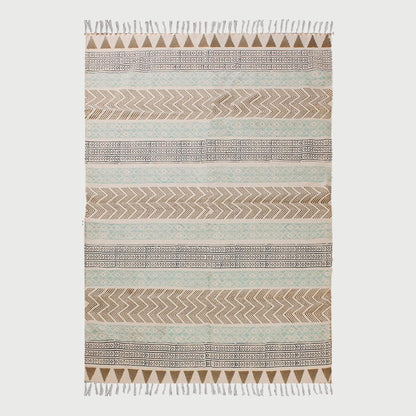 Beige Blue Hand block Print Work Bordered Cotton Rug - Indian Rug Store