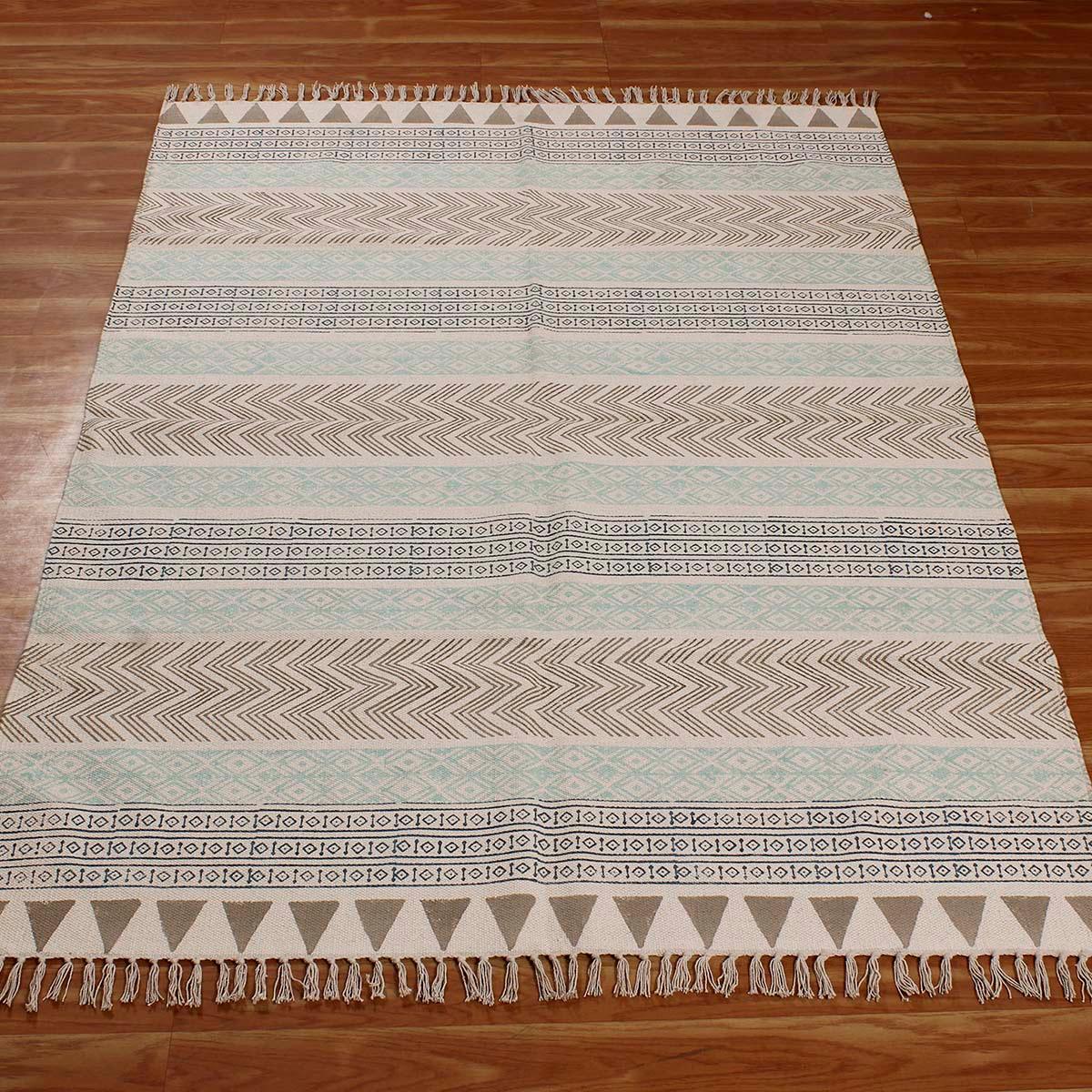 Beige Blue Hand block Print Work Bordered Cotton Rug - Indian Rug Store