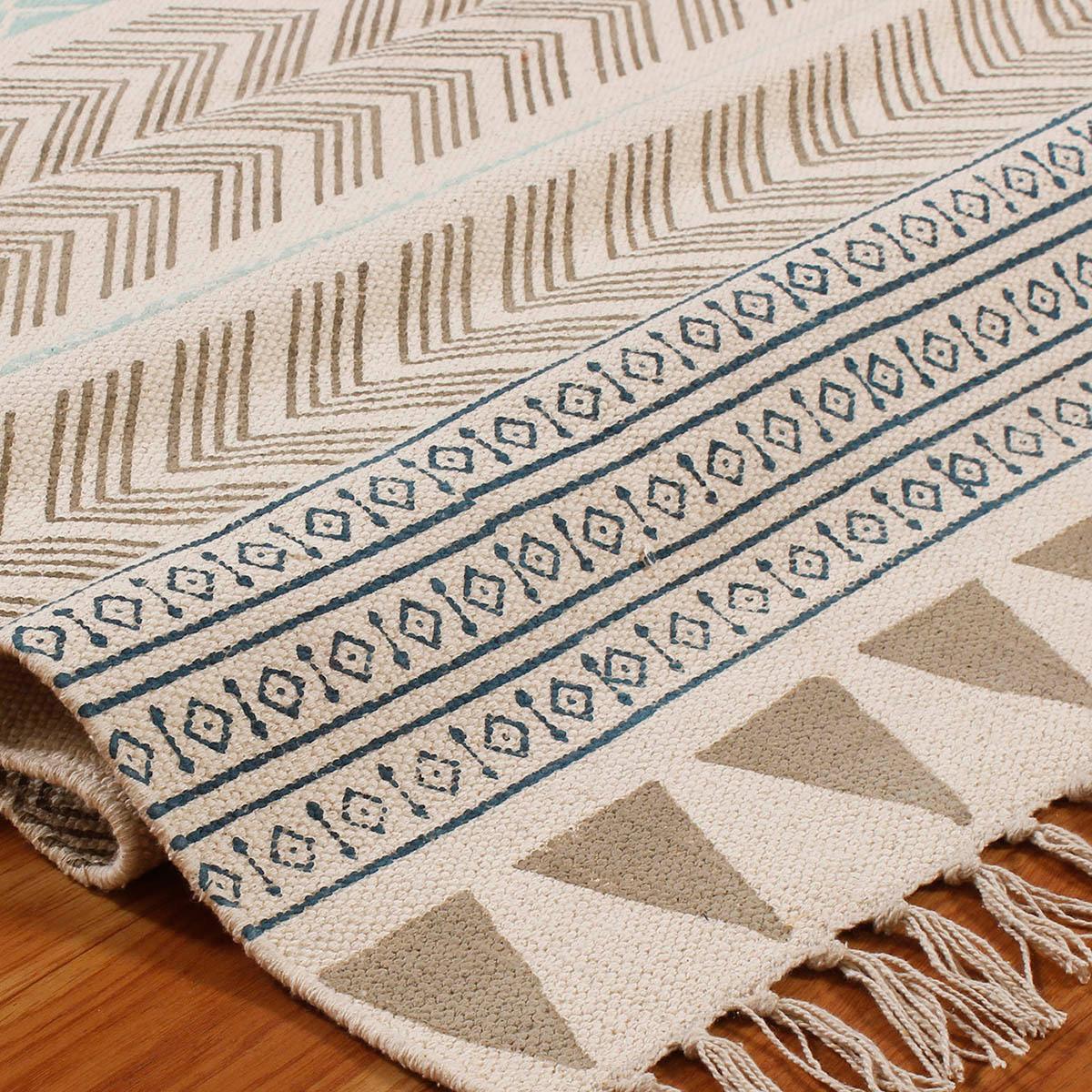 Beige Blue Hand block Print Work Bordered Cotton Rug - Indian Rug Store