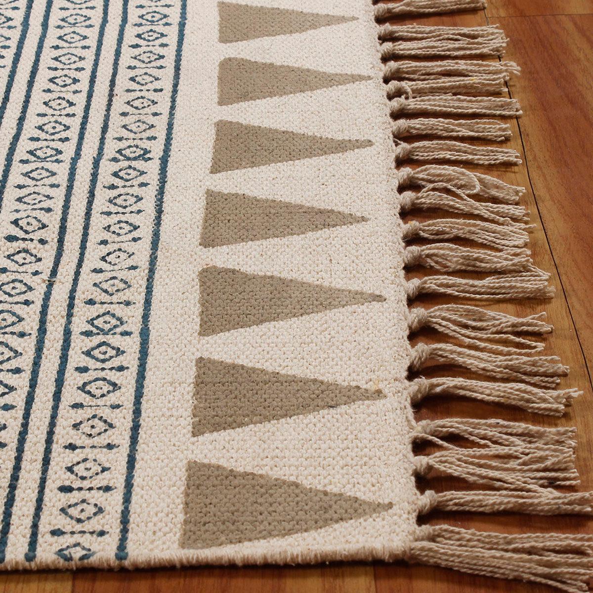 Beige Blue Hand block Print Work Bordered Cotton Rug - Indian Rug Store