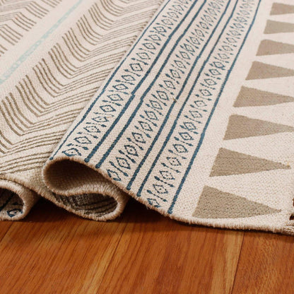 Beige Blue Hand block Print Work Bordered Cotton Rug - Indian Rug Store