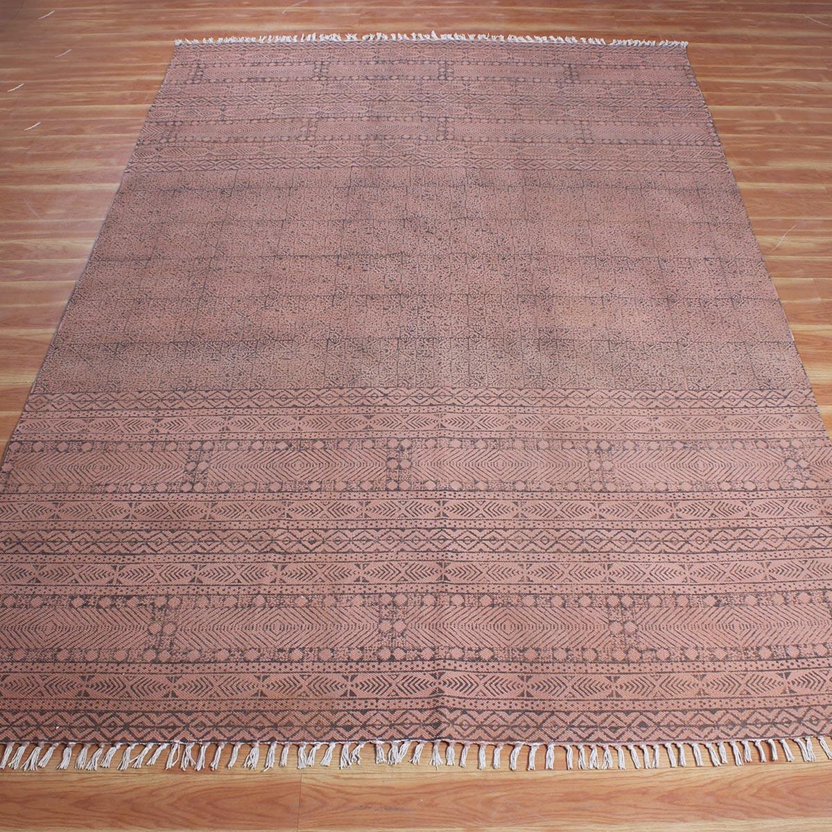 Brown Black Hand block Print Work Abstract Cotton Rug - Indian Rug Store