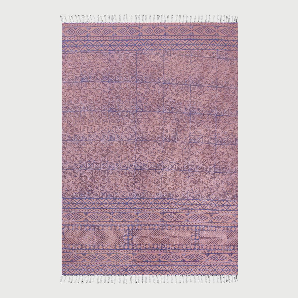 Brown Blue Hand Block Print Work Abstract Cotton Rug - Indian Rug Store