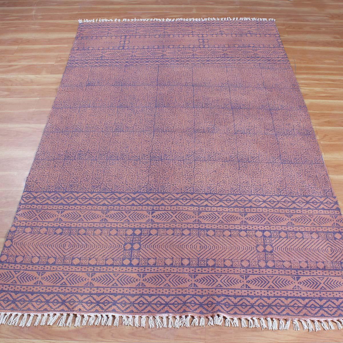 Brown Blue Hand Block Print Work Abstract Cotton Rug - Indian Rug Store