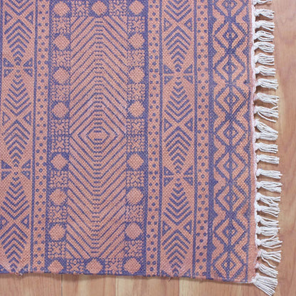 Brown Blue Hand Block Print Work Abstract Cotton Rug - Indian Rug Store