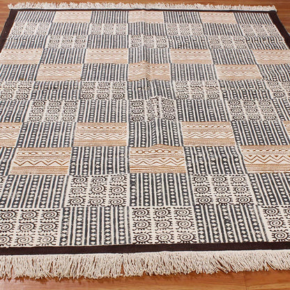 Brown Black Hand Block Print Work Abstract Farmhouse Cotton Rug - Indian Rug Store