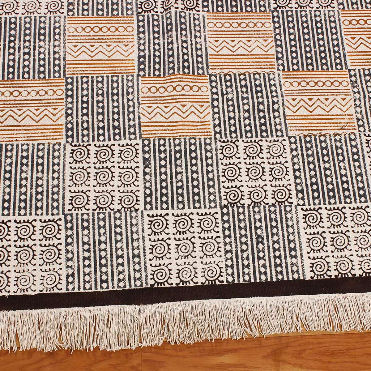 Brown Black Hand Block Print Work Abstract Farmhouse Cotton Rug - Indian Rug Store