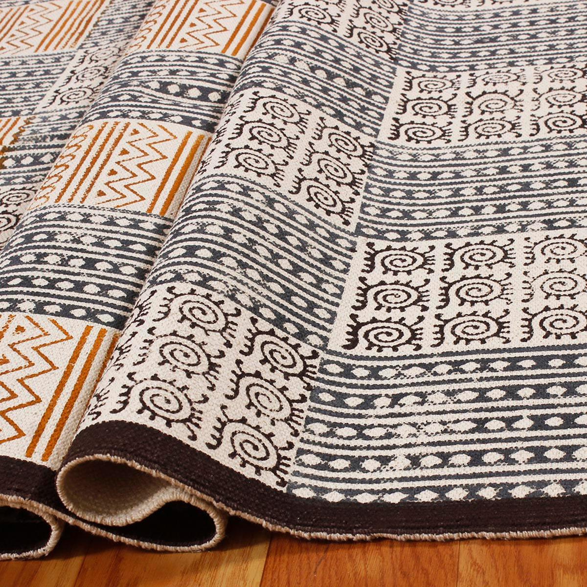 Brown Black Hand Block Print Work Abstract Farmhouse Cotton Rug - Indian Rug Store