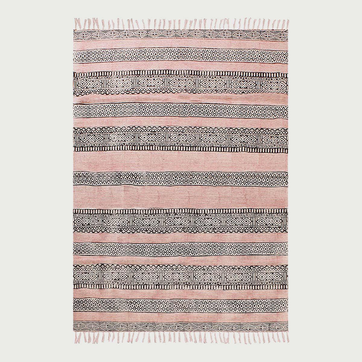 Pink Black Hand Block Print Work Striped Farmhouse Cotton Rug - Indian Rug Store