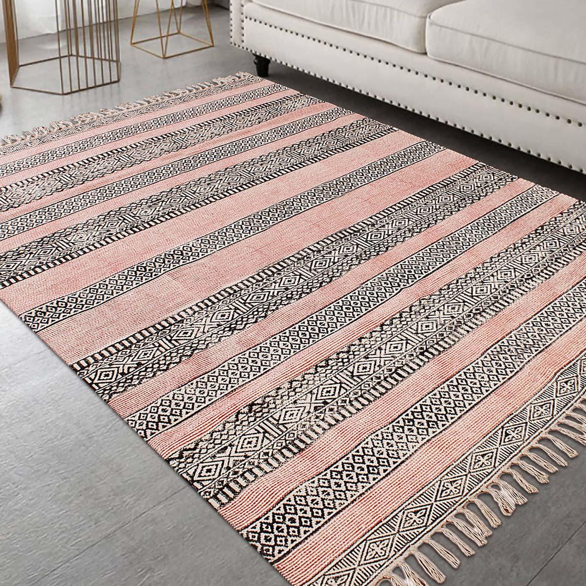 Pink Black Hand Block Print Work Striped Farmhouse Cotton Rug - Indian Rug Store